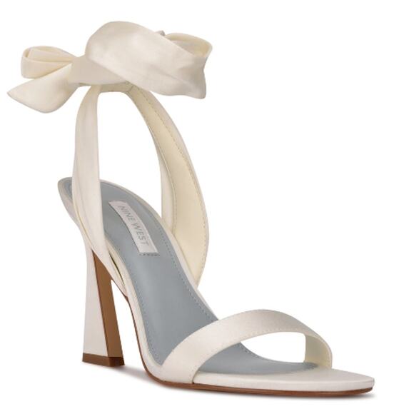 Nine West Shoes - Kelsie Ankle Wrap Heeled Sandals in Ivory Satin New Size 10